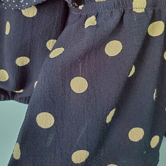 Sweet Wanderer Navy Blue/White Polka-Dot Ruffle Tie String Blouse - Picture 7 of 7
